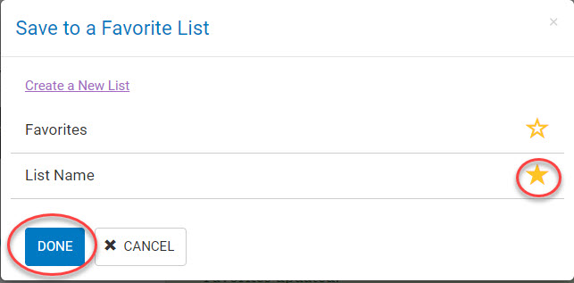 Example of saving a new list to favorites